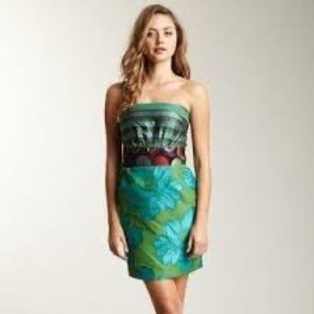 Desigual Strapless Mini Dress Green Floral Mixed Pattern Jacquard Size 42